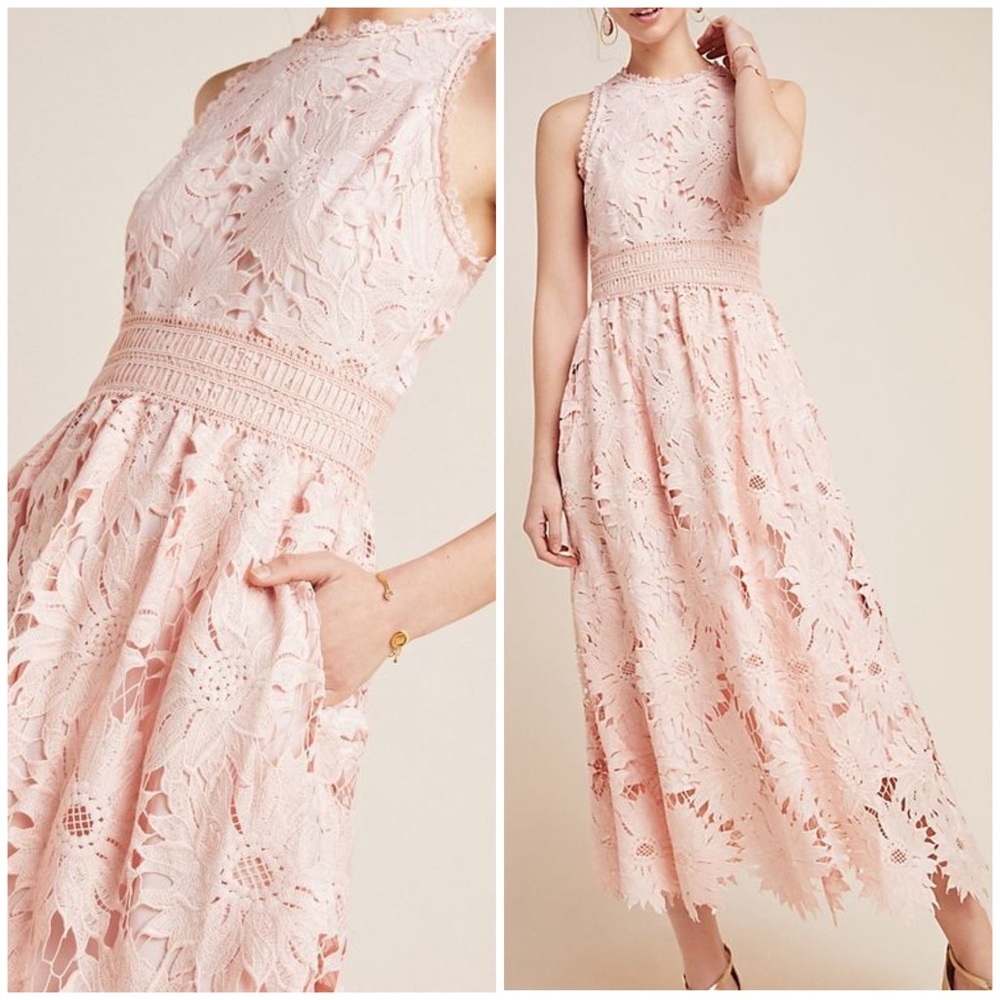 Anthropologie Shoshanna Chantae blush pink floral crochet lace midi dress